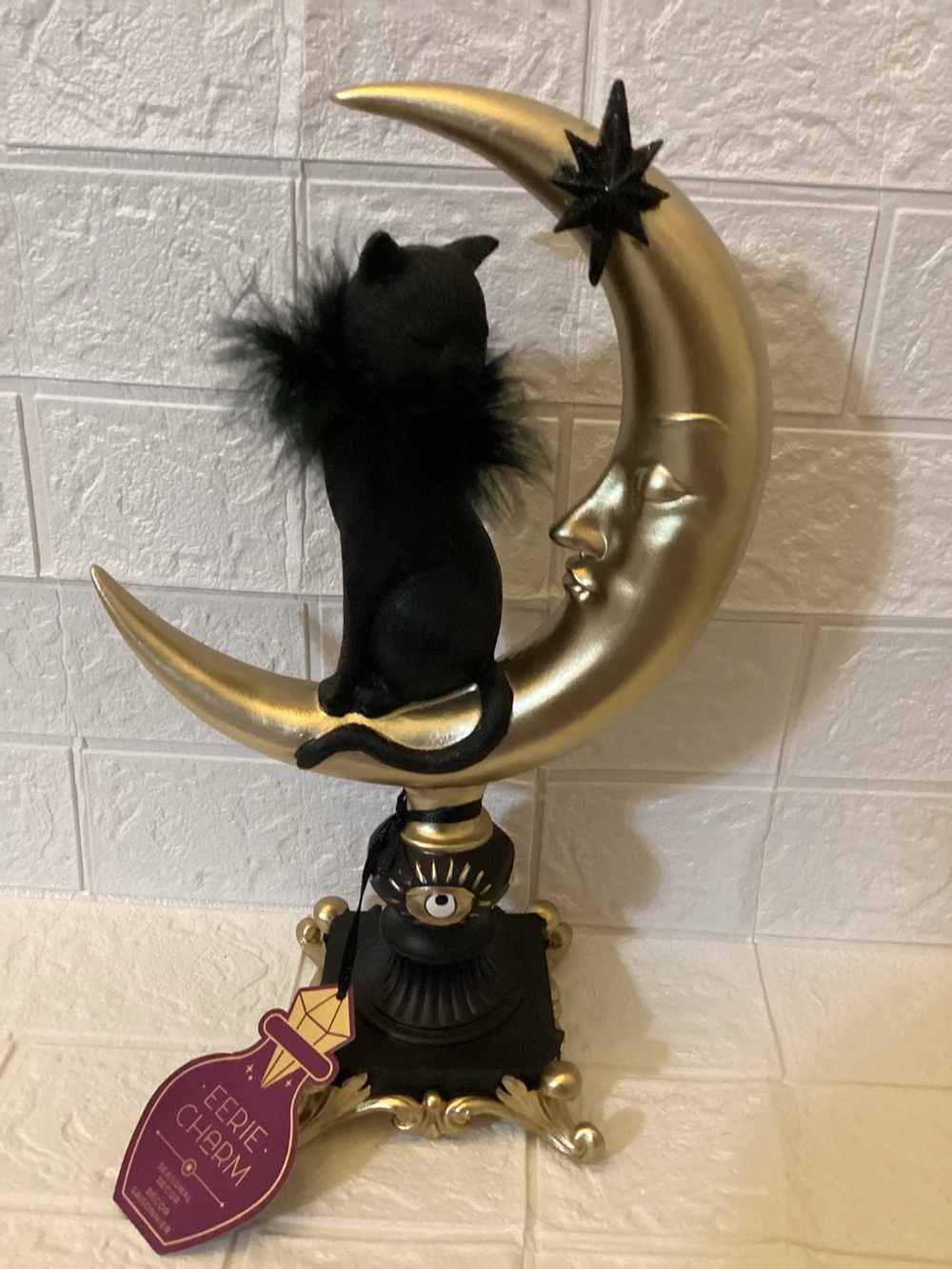 Eerie Charm Black Cat on Gold Crescent Moon Resin Figurine with evil eye